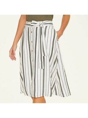 LOFT Women's White Striped Button-Front Tie-Waist Midi Skirt Size 6 NWT